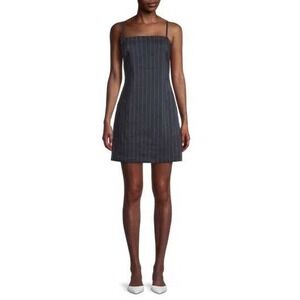Theory IWG Weekend Mini Dress Navy Blue Pinstripe Linen Blend Size 12